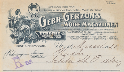711120 Kop van een nota van de Gebr. Gerzon, Modemagazijnen, Oudegracht 14-16 W.Z. te Utrecht, ten name van mevrouw ...